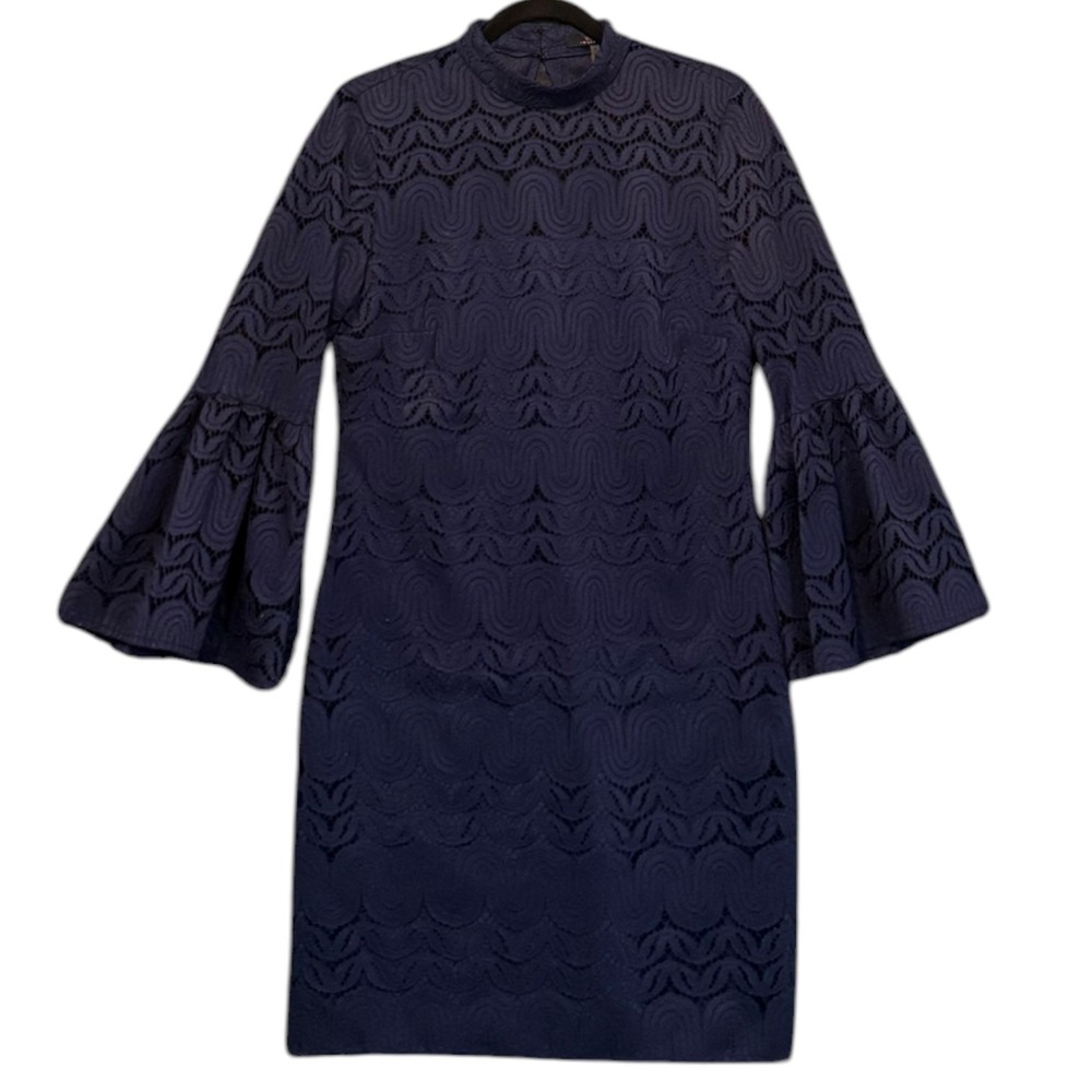Trina Turk Navy Twist Bell Sleeve Squiggle Lace Cocktail Shift Dress Sz 6